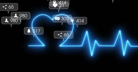 Displaying neon-blue ECG waveform tracing heart shape on black interface, 스톡 일러스트