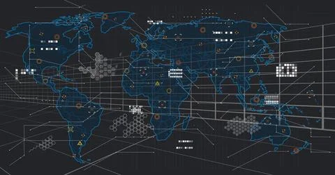 Displaying neon-blue global map over receding grid, showing hex clusters and イラスト素材