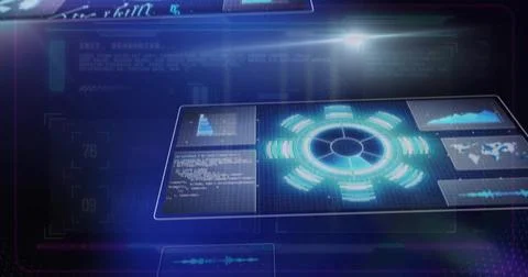 Displaying neon-blue interface with data arcs and graphs in command center, with Illustrazione stock