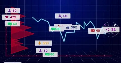 Displaying neon blue line chart on navy grid, showing white badges, red Stock Illustration