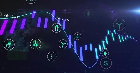 Displaying neon-blue line graph over purple cyan bars on digital dashboard, Illustrazione stock