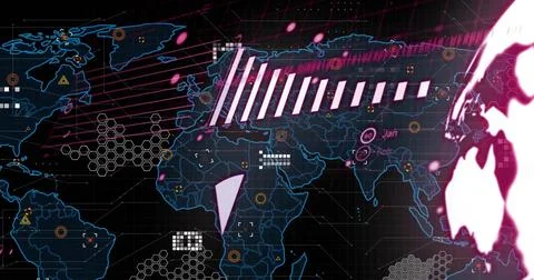 Displaying neon-blue map with hex grids, reticles, hazard icons, partial-globe Stock Photos