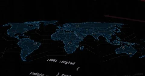 Displaying neon-blue map outline on HUD display, showing grid, orange markers, Illustrazione stock
