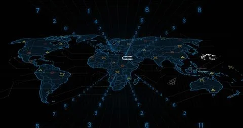 Displaying neon-blue map over command-grid, showing numeric markers, warnings, イラスト素材