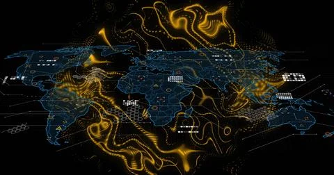 Displaying neon-blue outlined world map visual on dark dashboard, with golden イラスト素材