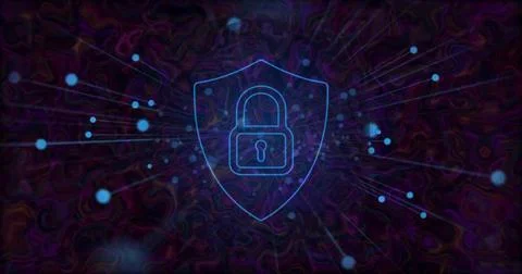 Displaying neon blue shield with padlock icon glowing in cyberspace, radiating Stock Photos