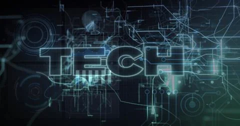 Displaying neon-blue TECH text in control panel, with grid overlay, circuit 스톡 사진