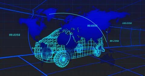 Displaying neon-blue wireframe car model floating in virtual 3D environment, Illustrazione stock