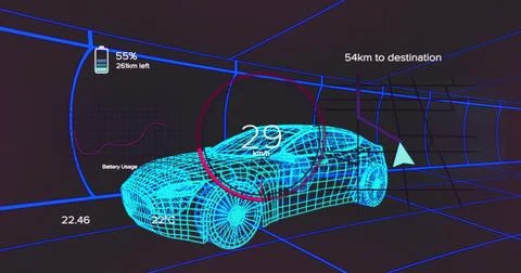 Displaying neon-blue wireframe car cruising in 3D grid tunnel, with HUD speed Stock-Illustration