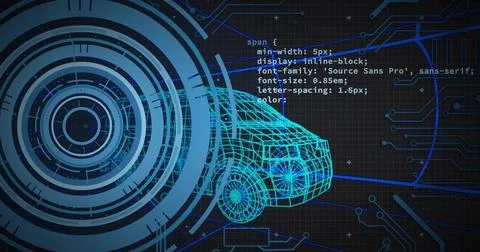 Displaying neon-blue wireframe car model in digital interface, with HUD, CSS 스톡 일러스트