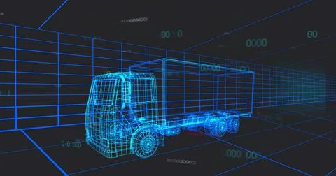 Displaying neon-blue wireframe semi-truck with box trailer on virtual grid, Stock Illustration
