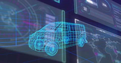 Displaying neon-blue wireframe van model rotating in 3D workspace, with grid Illustrazione stock