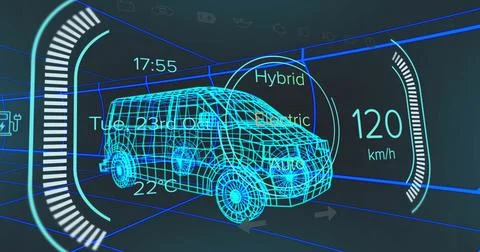 Displaying neon blue wireframe van rotating in design interface, with gauge arcs 스톡 일러스트