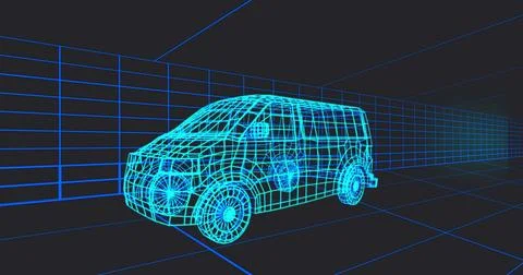 Displaying neon blue wireframe van model in virtual 3D space, showing grid-lined Illustrazione stock