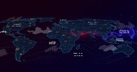 Displaying neon blue wireframe world map on tilted 3D virtual dashboard, with Illustrazione stock