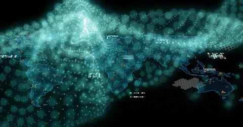 Displaying neon blue world map on dark grid interface, showing cyan nodes, Illustrazione stock