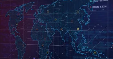 Displaying neon-blue world map glowing over dark grid backdrop, with network 스톡 일러스트