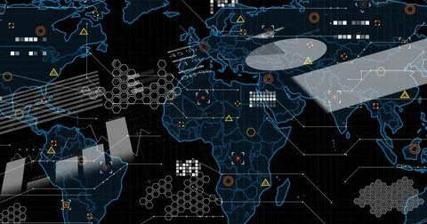 Displaying neon blue world map display on digital dashboard, with hex clusters イラスト素材