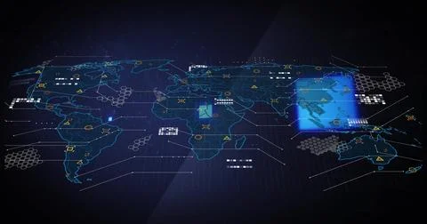 Displaying neon-blue world map graphic on interface, with hex clusters, nodes, Illustrazione stock