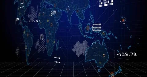 Displaying neon-blue world map on grid floor, showing data clusters, warning Stock Illustration