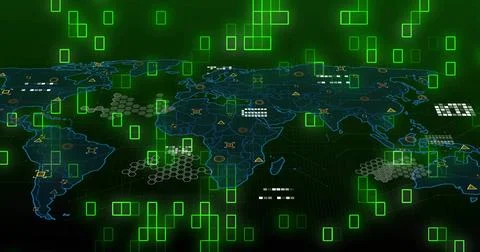 Displaying neon blue world map on dark grid, showing green data blocks, node Stock Illustration