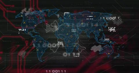 Displaying neon blue world map with hex clusters, nodes, warning icons on dark Illustrazione stock