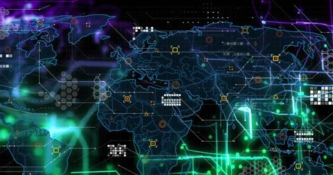 Displaying neon-blue world map projecting network traces at cyber console, with Stockillustratie