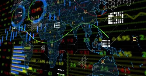 Displaying neon-blue world map on digital dashboard, showing line charts, hex Stock Illustration