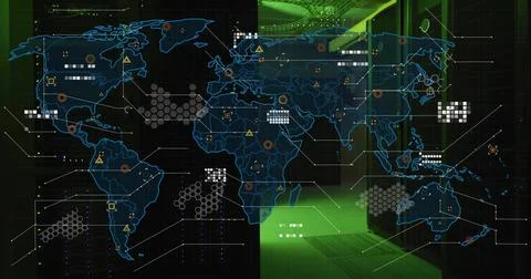 Displaying neon-blue world map hologram projecting network flows in data center, 스톡 일러스트