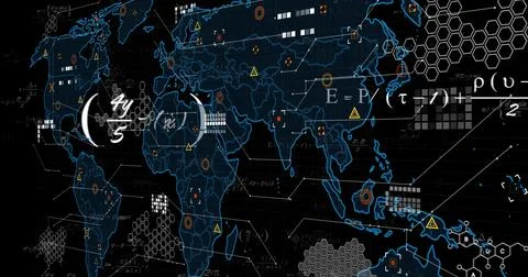 Displaying neon-blue world map showing math annotations on dashboard with Stockfoto's