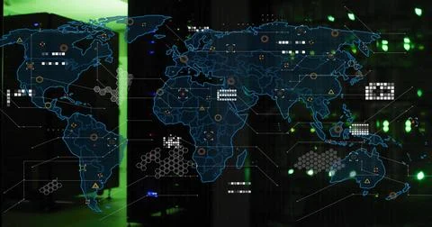 Displaying neon-blue world map overlay in server room, showing hexagonal 스톡 사진