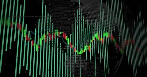 Displaying neon candlestick and teal bar charts on virtual trading dashboard, Stock Illustration