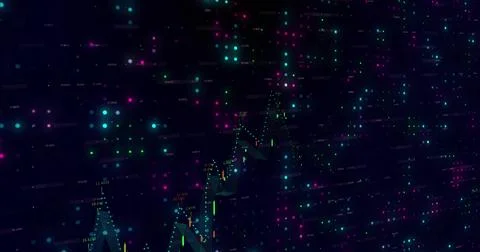 Displaying neon candlestick bars and wicks rising over dark virtual grid, with Stock Photos
