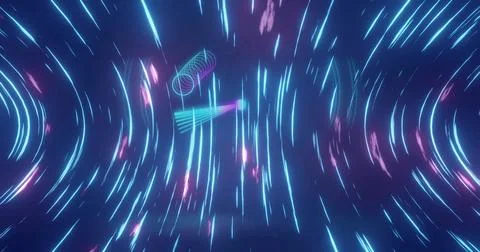 Displaying neon coil cylinder, triangular prism, glowing sphere in void, with Stock Illustration