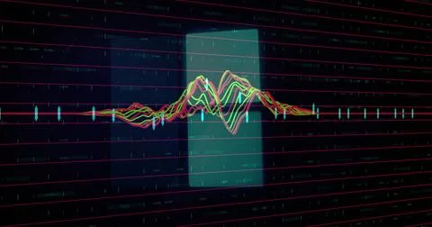 Displaying neon-colored waveform undulating around axis on dark screen, with Stock Photos