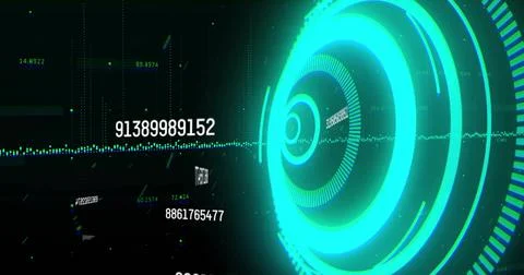 Displaying neon concentric ring pulsing in virtual space, with grid lines, Illustrazione stock
