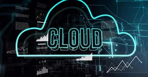 Displaying neon cyan cloud with CLOUD showing data flow in digital interface, Foto stock