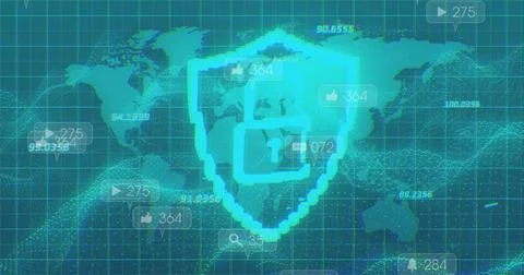Displaying neon cyan shield with padlock overlaying dotted world map, showing Illustrazione stock