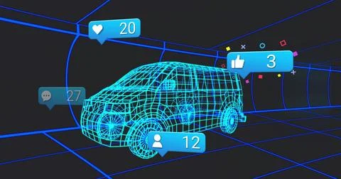 Displaying neon-cyan wireframe SUV model floating in dark virtual tunnel, 스톡 일러스트