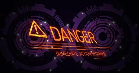 Displaying neon DANGER cluster on HUD, showing triangular icon, IMMEDIATE ACTION Stock Illustration