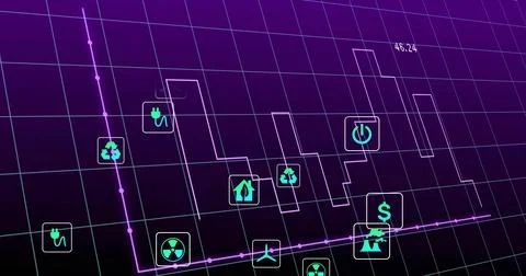Displaying neon data chart centering on virtual dashboard, with magenta polyline Illustrazione stock