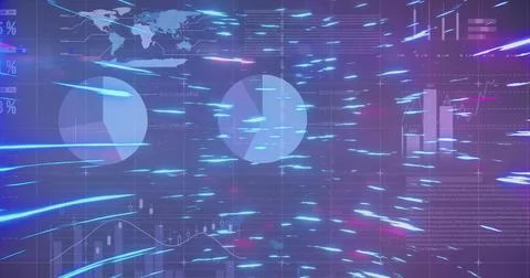 Displaying neon data streams moving across dashboard, with pie charts and world Stock Photos