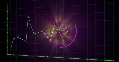 Displaying neon data visual pulsing on dark purple grid, with green line node Illustrazione stock