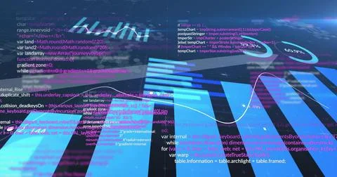 Displaying neon data visual showing glowing vertical bars and waveform in 3D Stock Illustration