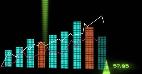 Displaying neon display showing pixel bars and lines on black, cyan and orange Stock Photos