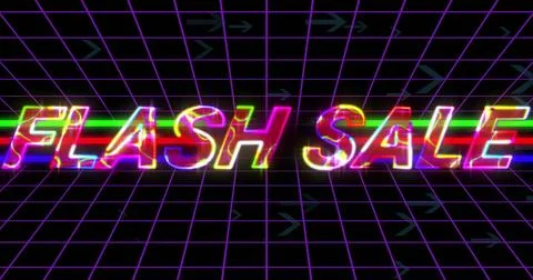 Displaying neon FLASH SALE hovering over purple wireframe grid, with green and Stock Illustration