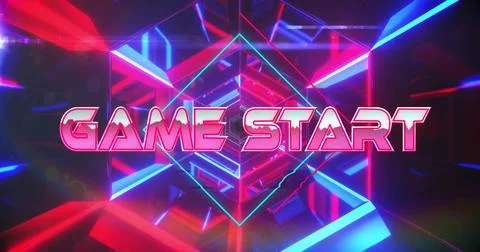 Displaying neon Game Start text pulsing in virtual corridor, with geometric 스톡 일러스트