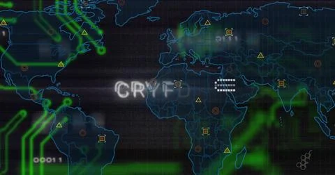 Displaying neon global map pulsing on ops dashboard, with green traces, warning イラスト素材