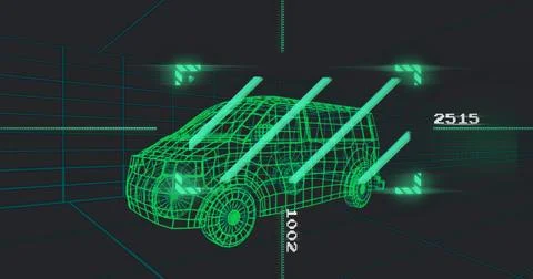 Displaying neon green 3D wireframe passenger van rotating in grid interface, Stock Illustration