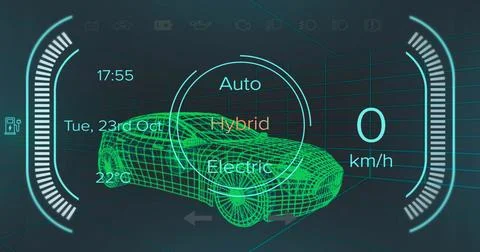 Displaying neon-green 3D wireframe sedan in grid, showing drive mode selector Stock Illustration